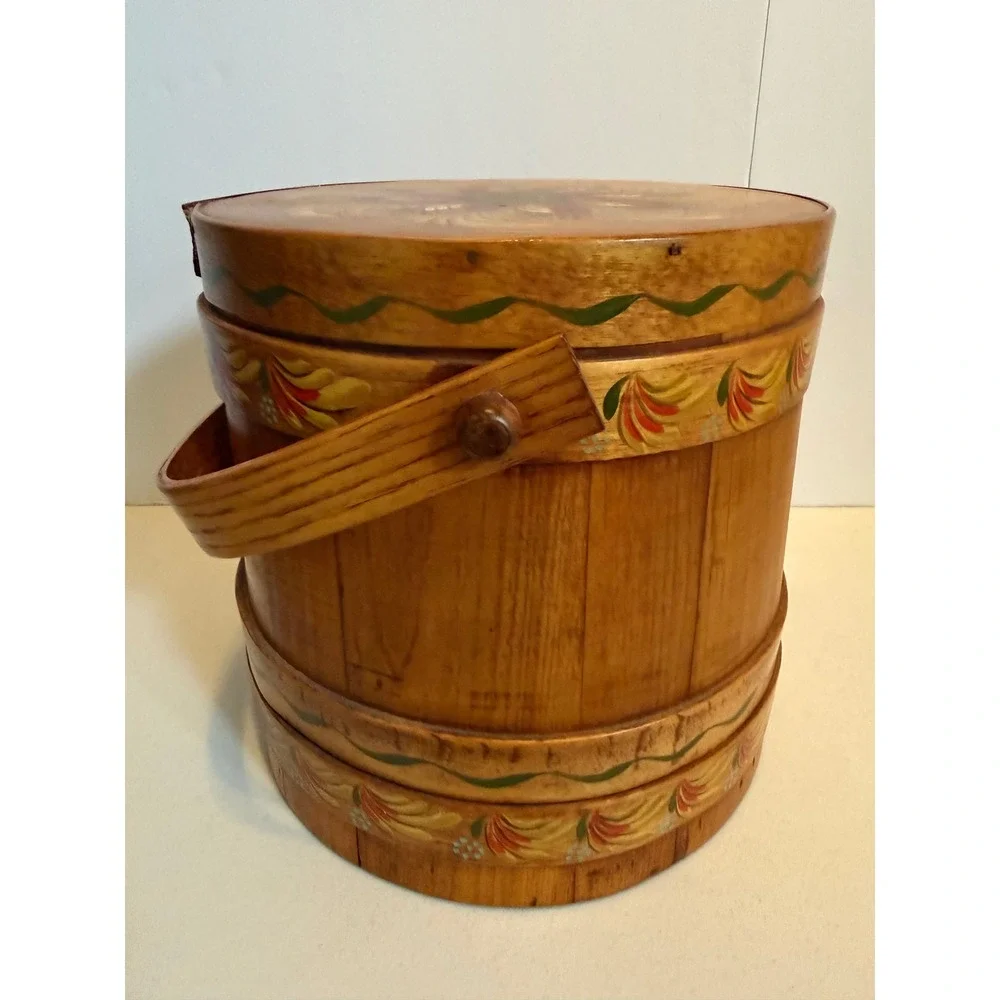 VTG Firkin Hand Painted Wooden Sewing Basket Floral Folk Art Lined Bucket Handle